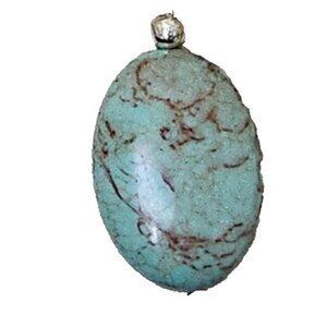 Oval Turquoise Pendant Necklace, Silver Tone Chain 16" – Boho Southwestern Style